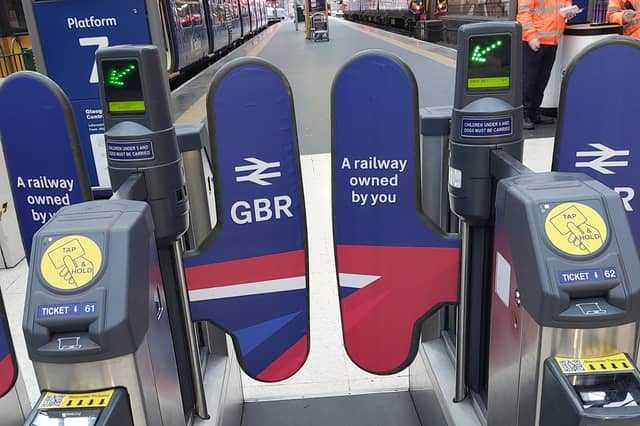 Great British Railways branding like this on the main concourse at Glasgow Central station was temporarily displayed on ticket gates at the ScotRail-run low-level station