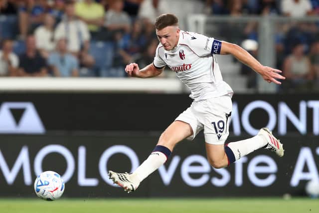 Lewis Ferguson wearing the Bologna captain's armband during the 1-0 defeat by Atalanta in Bergamo, Italy. (Photo by Marco Luzzani/Getty Images)