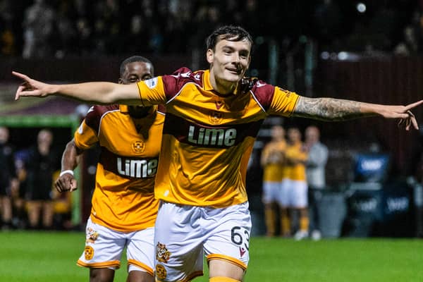 New Motherwell signing Dylan Levitt celebrates after scoring to make it 3-0 against his former club, Dundee United