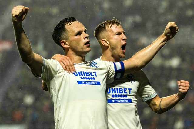 Rangers captain Lawrence Shankland celebrates with Ross McCrorie after scoring to make it 2-1 over Falkirk. (Photo by Craig Foy / SNS Group)