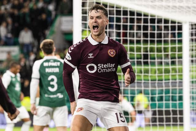 Hearts winger Josh McPake celebrates scoring to make it 3-1 over Hibs at Easter Road. (Photo by Mark Scates / SNS Group)