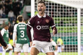 Hearts winger Josh McPake celebrates scoring to make it 3-1 over Hibs at Easter Road. (Photo by Mark Scates / SNS Group)