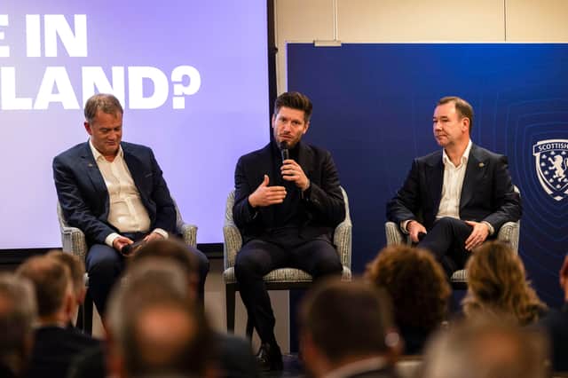 Scotland head coach Sebastien Pocognoli is joined by SFA chief executive Ian Maxwell, left, and chief football officer Craig Mulholland at St Andrews
