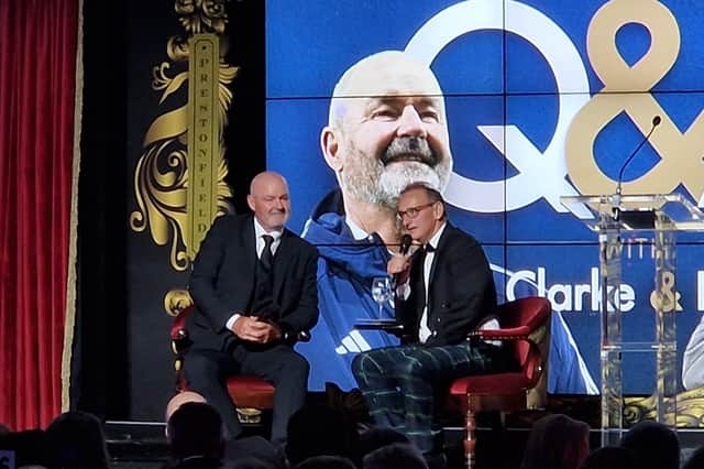 Ex-Scotland boss Steve Clarke speaks to Pat Nevin during a Spartans fundraiser.