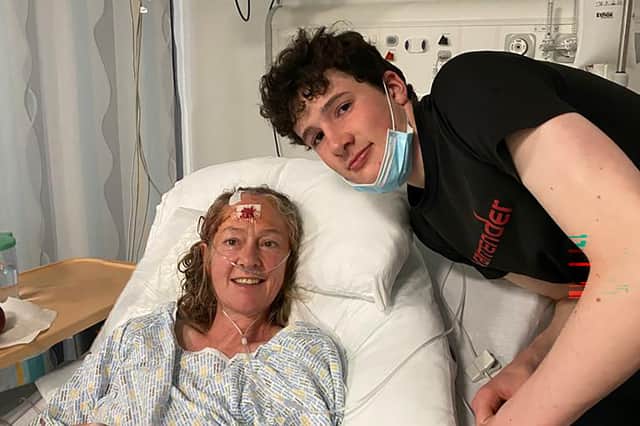 Trish Gordon and her son, Brodie, after her second surgery in 2022