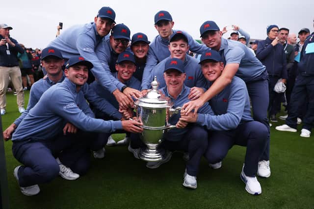 Captain Dean Robertson and his GB&I players celebrate winning the 51st Walker Cup after a dramatic finish at Lahinch in  County Clare 