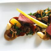 Recipes by Doug Lindsay at the Ubiquitious Chip in Glasgow. Roast Venison, confit turnip, baby vegetables, sauteed kale and wild mushrooms, chestnut puree and Port reduction. Picture Robert Perry The Scotsman  7th Nov 2013
