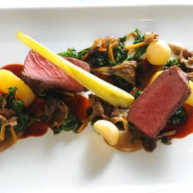 Recipes by Doug Lindsay at the Ubiquitious Chip in Glasgow. Roast Venison, confit turnip, baby vegetables, sauteed kale and wild mushrooms, chestnut puree and Port reduction. Picture Robert Perry The Scotsman  7th Nov 2013