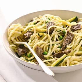 Linguine with lamb and Spring veg . Picture Scottish Slimmers