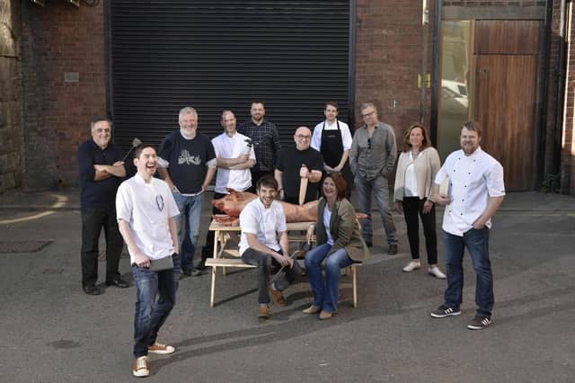 Back Row L-R: Monir Mohammed (Mother India), Peter McKenna (The Gannett), Colin Clydesdale (Ubiquitous Chip), Ivan Stein (Gannett), Andy McSween (Ox and Finch), Guy Cowan (Guy's), David Scott (Crabshakk), John Macleod (Crabshakk), Ilya Scott (Festival Director), Stefan Spicknell (Cottenrake Bakery). Front row L-R: Chris Charamboulos (Cail Bruich) and Carol Wright (Stravaigin) pose for a photograph at SWG3 to launch the 2015 Glasgow Food Festival on April 21, 2015 in Glasgow, Scotland. (Photo by Jamie Simpson/Herald & Times) - JS