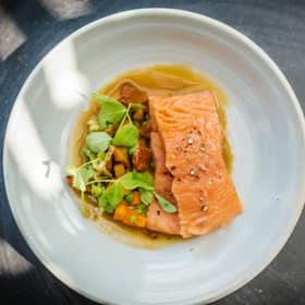 Confit of wild salmon, ragout of girolles