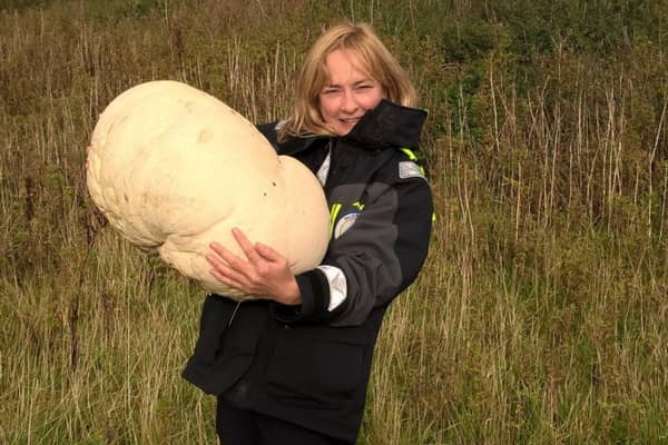 Outdoor ranger Fiona Wishart with the giant mushroom
