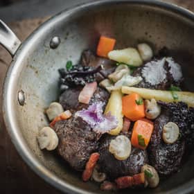Red wine braised Clash Farm pork cheeks served with celeriac, lardons. Picture: Marc Millar