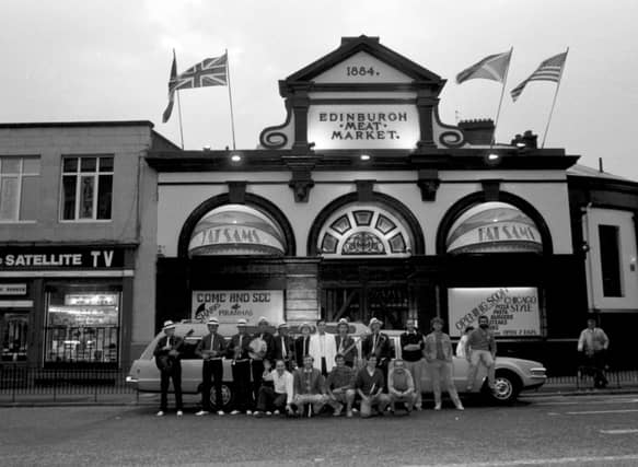 Staff dressed as gangsters beside a stretch limousine to advertise the opening of Fat Sam's Chicago-style diner and bar on the site of the Edinburgh meat market at Fountainbridge in September 1986. Picture: TSPL