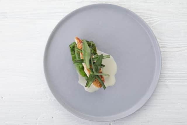 Halibut, pickled swiss chard, sea herbs