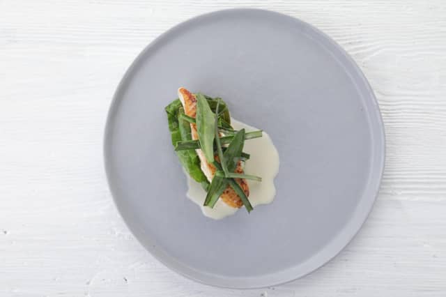 Halibut, pickled swiss chard, sea herbs