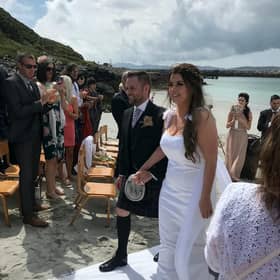 Stephanie Harkins, 33, and husband Stuart, 33, at their wedding..An Irn Bru obsessed bride received her perfect wedding gift when her new husband gave her a hamper full of the original recipe soft drink at their ceremony on the Isle of Eriskay, Outer Hebrides. See SWNS story SWSCdrink. A bride obsessed with Irn Bru was delighted when her new husband gave her a hamper full of the original recipe drink - as a wedding gift. Stephanie Harkins, 33, wed Stuart, 35, last week on the Isle of Eriskay, Outer Hebrides. Stephanie, a primary school teacher, had saved three cans of the original recipe Irn Bru in the lead up to the big day to relieve her pre-wedding stress.  But she was delighted when hubby Stuart surprised her with the ultimate wedding gift - 24 cans of Scotland's national drink.