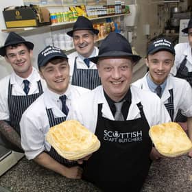 Scottish Craft Butchers Pie Awards 2019.Pictured Prime Cuts butchers in Coylton from left, Stuart Dawson, Adam Kennedy, John Gibson, John Kennedy owner, Jack Kennedy and Euan Mitchell
Picture by Graeme Hart.
Copyright Perthshire Picture Agency
Tel: 01738 623350  Mobile: 07990 594431