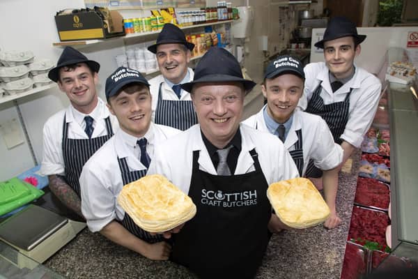 Scottish Craft Butchers Pie Awards 2019.Pictured Prime Cuts butchers in Coylton from left, Stuart Dawson, Adam Kennedy, John Gibson, John Kennedy owner, Jack Kennedy and Euan Mitchell
Picture by Graeme Hart.
Copyright Perthshire Picture Agency
Tel: 01738 623350  Mobile: 07990 594431