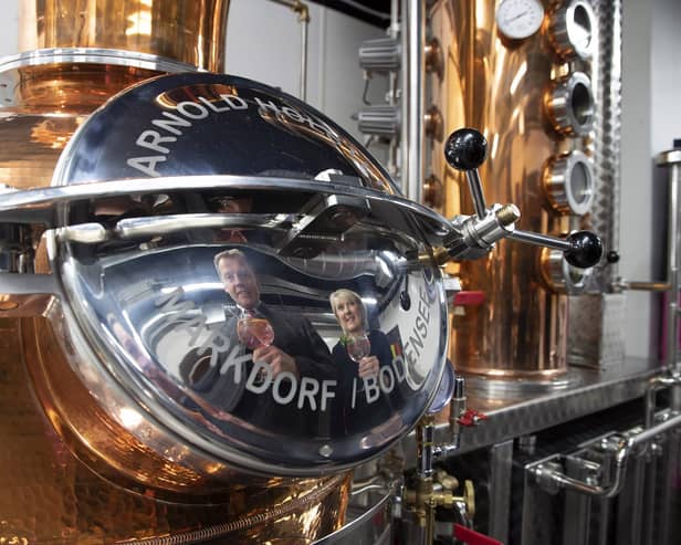 FREE TO USE PHOTOGRAPH….10.09.19
Peebles Hydro Turns Water Into Gin….Stephen and Fiona Leckie pictured by ‘Felicity’, Peebles Hydro 1881 gin still at the launch of Peebles Hydro 1881 gin school and distillery.
for further infor contact Emma Davies on 07963 817302 or e.davies@volpa.co.uk
Picture by Graeme Hart.
Copyright Perthshire Picture Agency
Tel: 01738 623350  Mobile: 07990 594431
