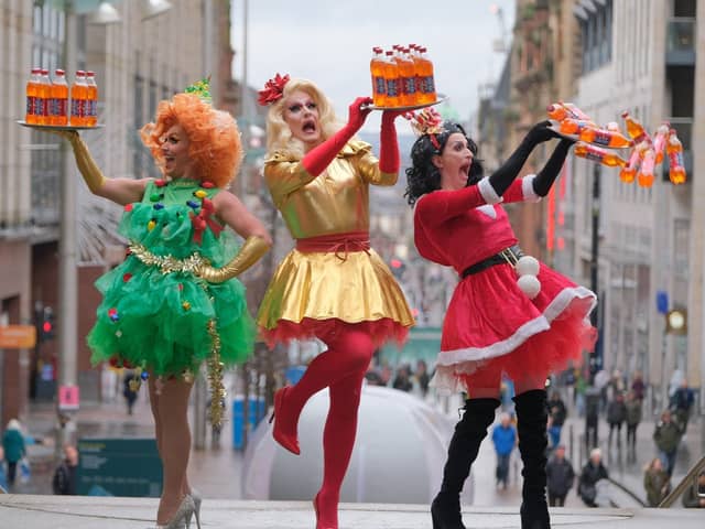 Handout photo of Drag Queens at the launch in Glasgow of the Irn-Bru limited edition Crimbo Juice which is a spicier version of the original, with added ginger, clove and cinnamon. PA Photo. Issue date: Thursday November 7, 2019. See PA story SCOTLAND IrnBru. Photo credit should read: Irn-Bru/PA Wire

NOTE TO EDITORS: This handout photo may only be used in for editorial reporting purposes for the contemporaneous illustration of events, things or the people in the image or facts mentioned in the caption. Reuse of the picture may require further permission from the copyright holder.