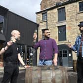 Pic Greg Macvean 03/09/2020 Steely Fox PR
Scotch Malt Whisky Society members Jeremy Antonson (grey beard), Ivan Rauber (cap) and Francesco Ramella (check shirt) at Holyrood Distillery.  As part of SMWS Annual Gathering, members are being given the opportunity to win the equivalent of a cask full of whisky.