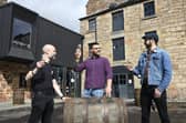 Pic Greg Macvean 03/09/2020 Steely Fox PR
Scotch Malt Whisky Society members Jeremy Antonson (grey beard), Ivan Rauber (cap) and Francesco Ramella (check shirt) at Holyrood Distillery.  As part of SMWS Annual Gathering, members are being given the opportunity to win the equivalent of a cask full of whisky.