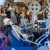 PIC LISA FERGUSON 26/10/2020
COVID 19, CORONA VIRUS - Hemmingways bar and restaurant is currently closed due to COVID 19 restrictions in place across the Central belt of Scotland.  However staff have decorated thir bar with skeletons and other Halloween things. SKeletons enjoy bottles of Corona and als glasses of Moet