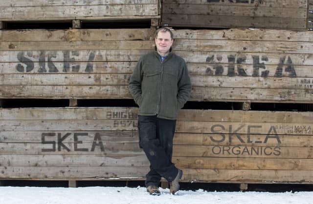 Andrew Skea from The Potato House. Picture by Lisa Ferguson
Scotlands Larder
Andrew SKea with his children Calum SKea 14, Catriona Skea 13, Morag Skea 10
The Potato House Shop, the Home of quality Seed Potatoes
We have almost 90 varieties of seed potatoes to cater for the needs of the discerning gardener and allotmenteer!
Discounts apply when you buy only 5 packs of any combination of 6 Tuber nets and 1Kg
t is over twenty years now since Andrew Skea started Skea Organics and registered as an organic seed potato supplier. Skea Organics is now a highly recognised name in the potato industry, supplying to many larger organisations and seed sellers. Skea Organics is the lead supplier of organic seed potatoes to farmers throughout UK and Europe and further afield.
otato House is the baby potato of Skea Organics, and grew out of a need to service smaller orders for gardeners, allotment growers, market gardeners and independent gardening and hardware stores. We also supply ware (eating or table) potatoes to shops, box schemes and restaurants. The Potato House website is dedicated to the gardeners and small passionate growers who are looking for high-quality seed potatoes with unique taste and specific characteristics.
n 2010 we decided to extend our variety list of heritage and speciality seed potato varieties which have long histories and exclusive characteristics. We have developed a specialist niche in growing and supplying a wide selection of top quality heritage and speciality seed potatoes.
It takes a lot of planning and paperwork to grow so many varieties from keeping them separate at planting, drawing field maps and harvesting through to storage and packaging. We think the end result is worth it though.
Around a third of our varieties are organic, although by volume, our organic range is about 80% of our harvest. Our website clearly shows what is organic and what is not, as does our labelling and invoicing.
Andrew’s brother John, who farms at the farm t