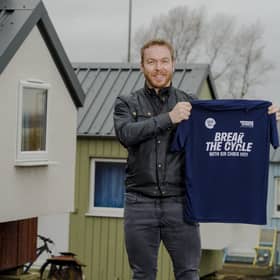 left to right) Sir Chis Hoy MBE joins Josh Littlejohn, co-founder of Social Bite, at the charity's first village project in Edinburgh, to launch Break the Cycle, which is a 60-mile bike ride that’s been set up to fundraise £1m to help build a further two villages projects for people experiencing homelessness in target cities of Glasgow and London. PA Photo. Picture date: Wednesday March 10, 2021. 
The event will take place on Sunday September 5, with Sir Chris joining 1,000 cyclists as they travel from Glasgow to Edinburgh, with each participant required to raise £1,000 in order to take part. The fundraising campaign will also be open to people right across the UK, encouraging them to take part in sponsored virtual challenges in the run up to the bike ride later this year.

Photo credit should read: Euan Cherry/PA Wire