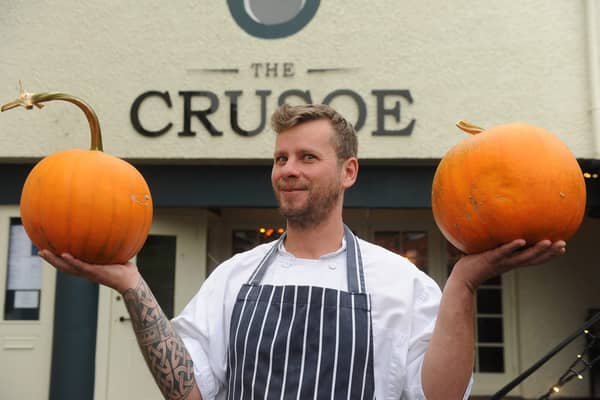 lower Largo, The Crusoe Chef Ross Traill with his newly acquired pumpkins from Largo Estate...the Crusoe is looking forward to the Autum fest.