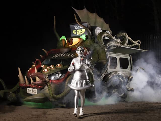 EDITORIAL USE ONLY 
A B-movie inspired monster character unveils the Ardbeg ÔIce ScreamÕ Truck, which has been created in partnership with ice cream parlour Ruby Violet, with each of the serves featuring one of the DistilleryÕs single malt whiskies - Ardbeg Ten, An Oa and Wee Beastie, London. Issue date: Monday October 18, 2021. PA Photo. The truck will travel from London to Glasgow and Edinburgh between October 26-31, serving Halloween inspired flavour combinations, such as ÔCookies & ScreamÕ, a Wee Beastie ice cream sandwich, and a blackcurrant "Ice Cream Groan" using Ardbeg Ten Years Old. Visitors can also enter a ÔMonsters of SmokeÕ pop-up parlour to sample specially created whisky cocktails. Photo credit should read: Matt Alexander/PA Wire