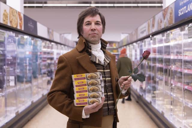 FREE PICTURE FIRST USE:  Rabbie Burnsoy buying some McIntosh’s special price chilled haggis, neeps & tatties ready meal ahead of Burns Night on 25 January 2023.

Picture Robert Perry 19th January 2022

Please credit photo to Robert Perry

Image is free to use in connection with the promotion of the above company or organisation. 'Permissions for ALL other uses need to be sought and payment make be required.


Note to Editors:  This image is free to be used editorially in the promotion of the above company or organisation.  Without prejudice ALL other licences without prior consent will be deemed a breach of copyright under the 1988. Copyright Design and Patents Act  and will be subject to payment or legal action, where appropriate.
www.robertperry.co.uk
NB -This image is not to be distributed without the prior consent of the copyright holder.
in using this image you agree to abide by terms and conditions as stated in this caption.
All monies payable to Robert Perry

(PLEASE DO NOT REMOVE THIS CAPTION)
This image is intended for Editorial use (e.g. news). Any commercial or promotional use requires additional clearance. 
Copyright 2023 All rights protected.
first use only
contact details
Robert Perry   

Robert Perry reserves the right to pursue unauthorised use of this image . If you violate my intellectual property you may be liable for  damages, loss of income, and profits you derive from the use of this image.