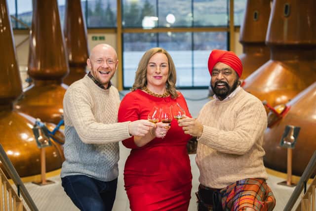 Picture: George McNeil, chair of Spirit of Speyside, Sarah Burgess, vice chair and chef Tony Singh