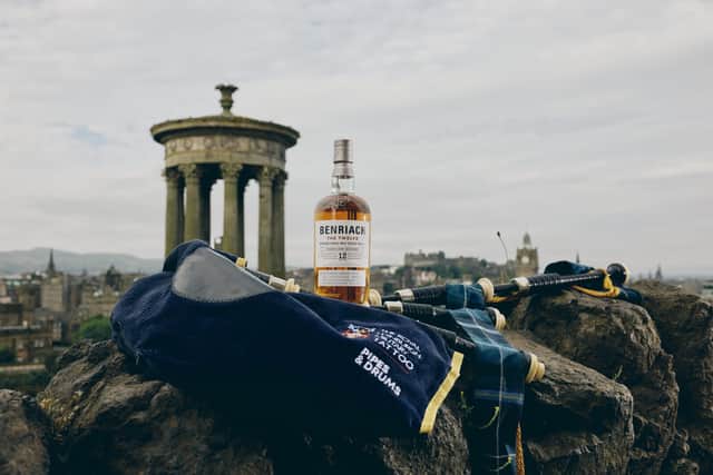 Benriach celebrates its major sponsorship of The Royal Edinburgh Military Tattoo with Tattoo Production Manager, Major Stevie Small MBE and a bottle of Benriach Twelve.