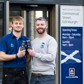 Pictured: Elliot Lamb (Cold Town Beer), Ewan Jones (Aldi) Paul Bradley Paul Thompson (Doddie Foundation)