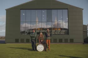 L-R Graeme Mackeddie Lauren Doherty and Niel Hendriksz in front of Aberargie Distillery