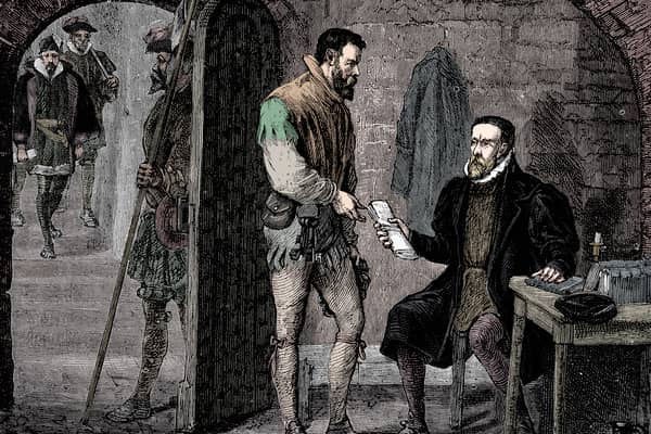 The 16th-century Bible translator William Tyndale depicted on the morning of his death in a 19th-century engraving (Picture: Print Collector)