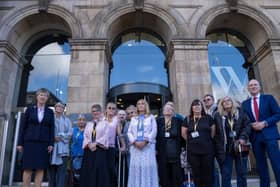 Eljamel inquiry campaigners on the steps of the inquiry venue