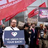 Protesters outside the Rockstar North employment tribunal