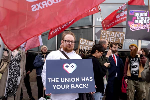 Protesters outside the Rockstar North employment tribunal