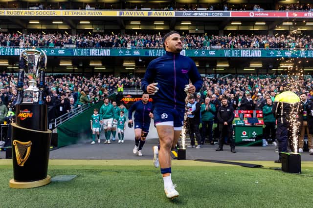 Scotland captain Sione Tuipulotu leads his team out ahead of a Six Nations match against Ireland earlier this year.