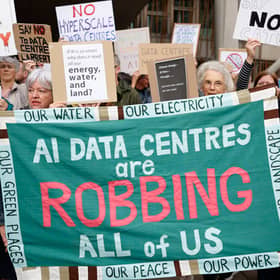 Protestors against AI data centres at the Scottish Parliament.