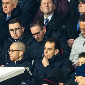 Dan Purdy, pictured next to Kevin Thelwell, during a Europa League match between Manchester United  and Rangers at Old Trafford, on January 23, 2025. (Photo by Craig Foy / SNS Group)