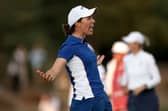 Spaniard Carlota Ciganda celebrates holing a putt on the 18th green in the afternoon fouballs on dat one of the 20th Solheim Cup at Bernardus Golf in Cromvoirt, Netherlands
