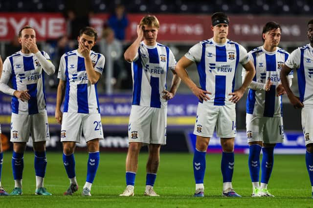 Kilmarnock's Rory McKenzie, Nicky Clescenco, Michael Schjonning-Larsen, George Stanger and Jonathan Meier (L-R) during the penalty shoot-out defeat by Aberdeen in the Premier Sports Cup quarter-final.
