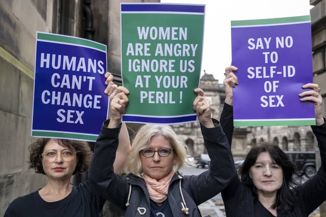 Members of the Scottish Feminist Network outside the Court of Session, Edinburgh, in 2023 where the Scottish government was seeking to challenge the UK government's use of powers under Section 35 of the Scotland Act, which prevented the Gender Recognition Reform (Scotland) Bill passed by Holyrood from gaining royal assent. The Scottish government lost.