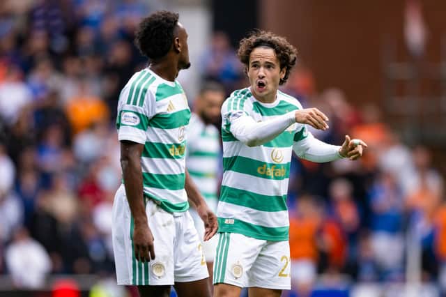 Celtic duo Haissem Hassan, left, and Mika Baur during the 3-0 defeat by Rangers.