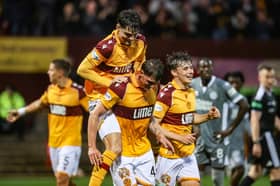 Motherwell's Seb Palmer-Houlden celebrates after scoring to make it 1-0 during a William Hill Premiership match between Motherwell and Dundee United at Fir Park