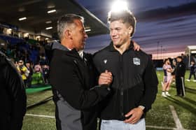Glasgow Warriors head coach Franco Smith with centre Huw Jones who left the club to sign with French giants Toulon this summer (Pic: SNS)